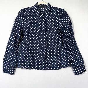 Lafayette 148 Top Women P 100% Linen Blue Polka Dot Button Up Blouse Long Sleeve